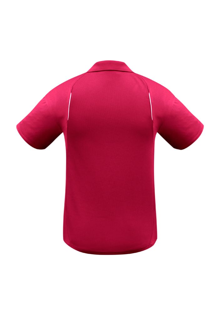 Men's red and white short sleeve polo with breathable mesh panels, stretch fabric, and sporty design from Biz Collection.