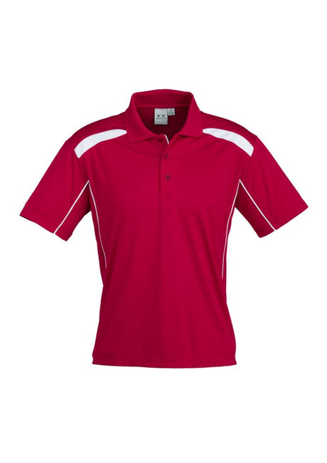 Mens United Short Sleeve Polo in red and white, size 5XL, features breathable fabric, stylish design, and added ventilation.
