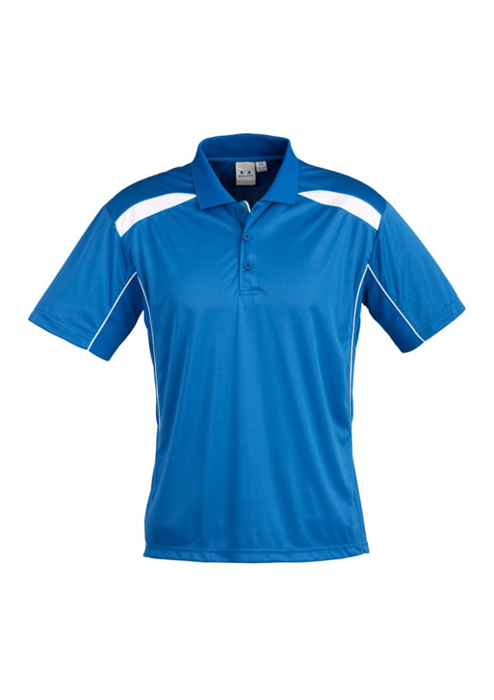 Men's Royal/White Short Sleeve Polo, size 5XL, featuring breathable fabric, contrast panels, and pocket for style and comfort.