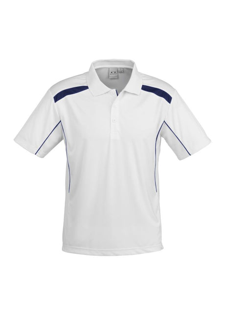 Mens United Short Sleeve Polo in White/Navy, size XL, featuring breathable fabric, contrast panels, pocket, and UPF sun protection.