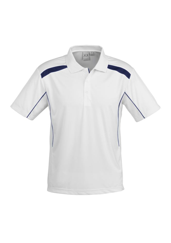 Men's United Short Sleeve Polo in white and navy, featuring breathable fabric, mesh inserts, and a stylish knitted collar.