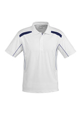 Men's United Short Sleeve Polo in white and navy, featuring breathable fabric, mesh inserts, and a stylish knitted collar.