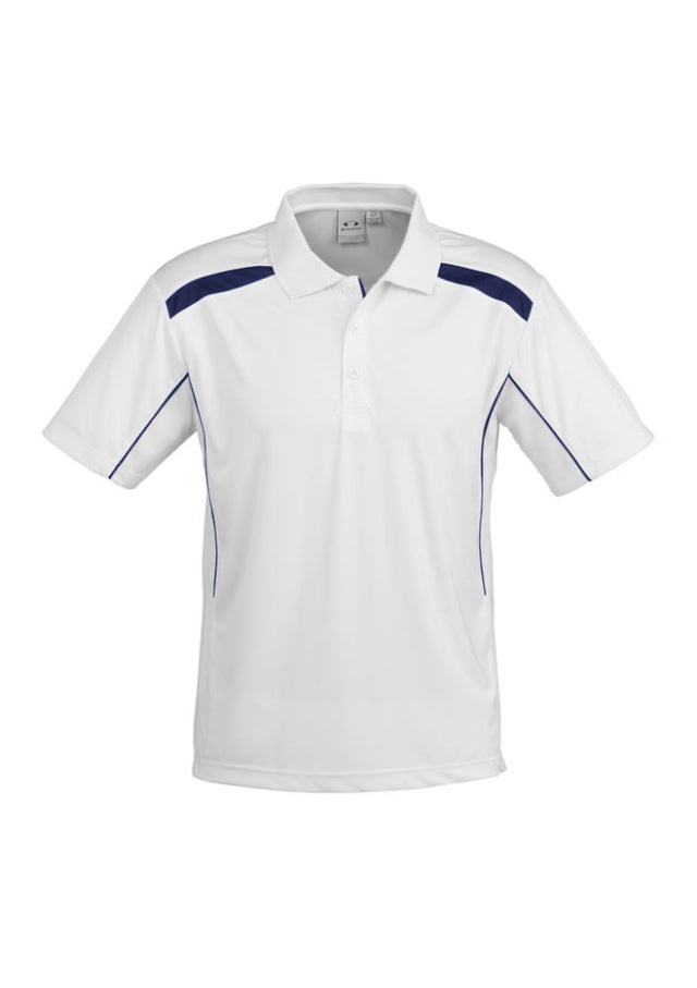 Men's United Short Sleeve Polo in white and navy, featuring breathable fabric, mesh inserts, and a stylish knitted collar.
