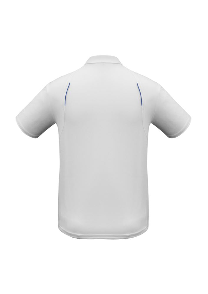 Men's United Short Sleeve Polo in White/Royal, featuring breathable fabric, a tailored fit, and stylish contrast panels.