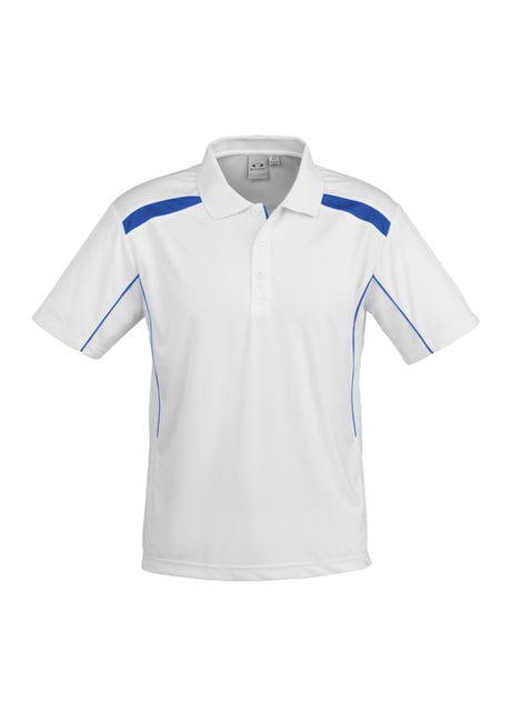 White and royal Men's United Short Sleeve Polo in 3XL, featuring breathable fabric, athletic fit, and stylish contrast panels.