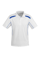 Men's United Short Sleeve Polo in White/Royal, featuring breathable fabric, stylish design, and a practical pocket. Size M.