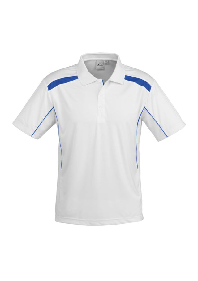 Men's United Short Sleeve Polo in White/Royal, featuring breathable fabric, stylish design, and a practical pocket. Size M.