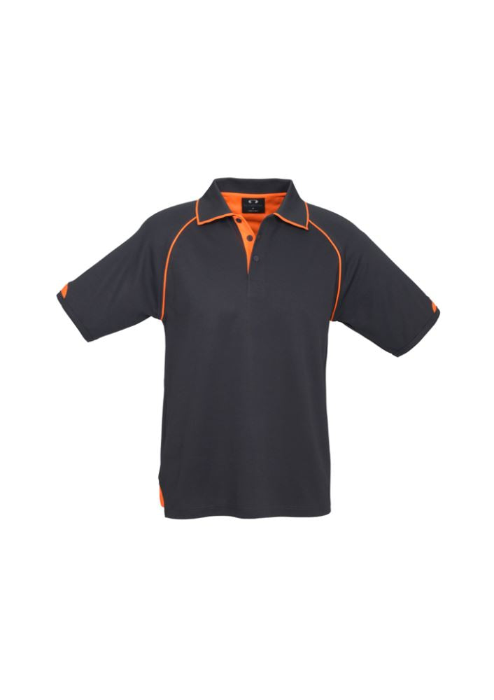 Men's Fusion Polo in Grey/Fluro Orange, XL, features moisture-wicking fabric, ribbed collar, side splits, and a loose pocket.
