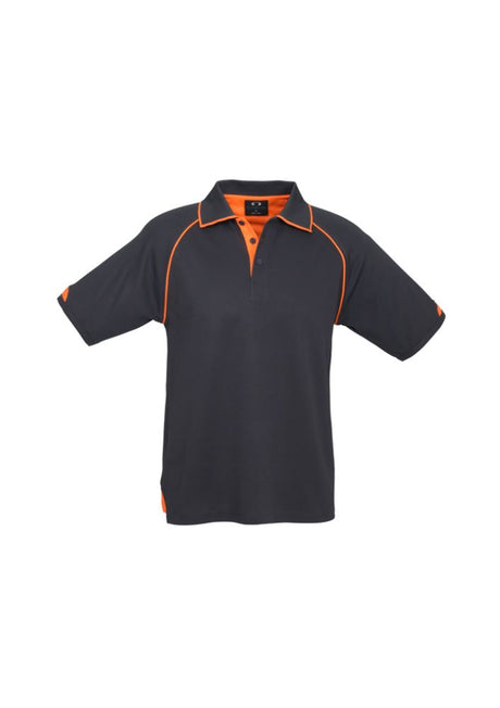 Men's Fusion Polo in Grey/Fluro Orange, XL, features moisture-wicking fabric, ribbed collar, side splits, and a loose pocket.