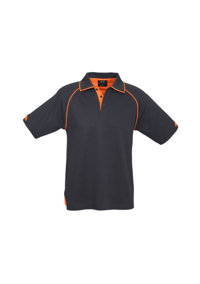 Men's Fusion Polo in Grey/Fluro Orange, XL, features moisture-wicking fabric, ribbed collar, side splits, and a loose pocket.