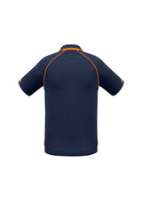 Mens Fusion Polo in navy with fluoro orange accents, size 3XL, featuring quick-dry fabric and sporty ribbed collar.