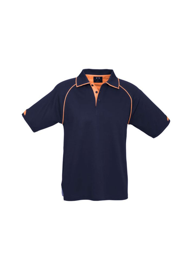 Men's Fusion Polo in navy and fluoro orange, featuring quick-dry fabric, UPF protection, and stylish ribbed collar, size S.