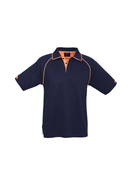 Men's Fusion Polo in navy and fluoro orange, XL size, featuring quick-dry fabric, ribbed collar, and side splits for mobility.
