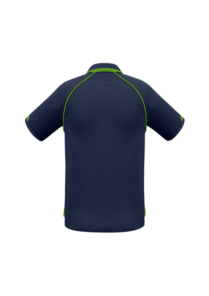 Men's Fusion Polo in Navy and Fluoro Lime, size S, featuring moisture-wicking fabric, ribbed collar, and sun protection.