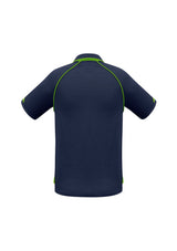Men's Fusion Polo in Navy and Fluoro Lime, size S, featuring moisture-wicking fabric, ribbed collar, and sun protection.
