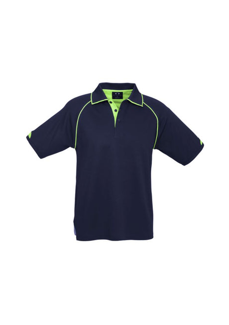 Men's Fusion Polo in navy and fluoro lime, size 3XL, featuring quick-dry fabric, ribbed collar, and UPF sun protection.