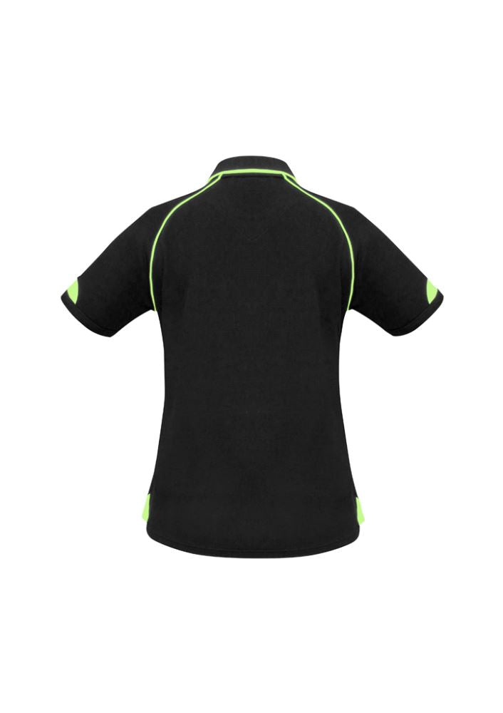 Ladies Fusion Polo in black with fluoro lime accents, Size 14, featuring quick-dry fabric and stylish ribbed collar.