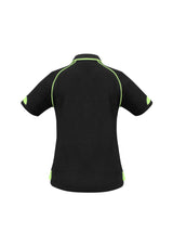 Ladies Fusion Polo in black with fluoro lime accents, Size 14, featuring quick-dry fabric and stylish ribbed collar.