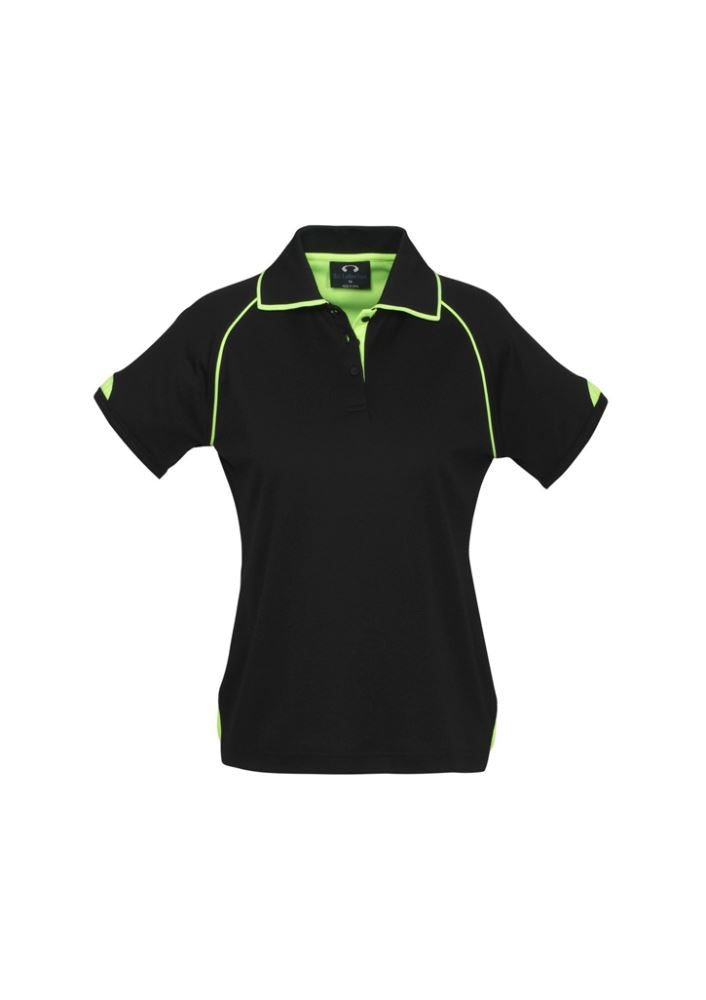Ladies Fusion Polo in Black and Fluoro Lime, size 22, featuring quick-dry fabric and stylish ribbed collar for comfort and fashion.