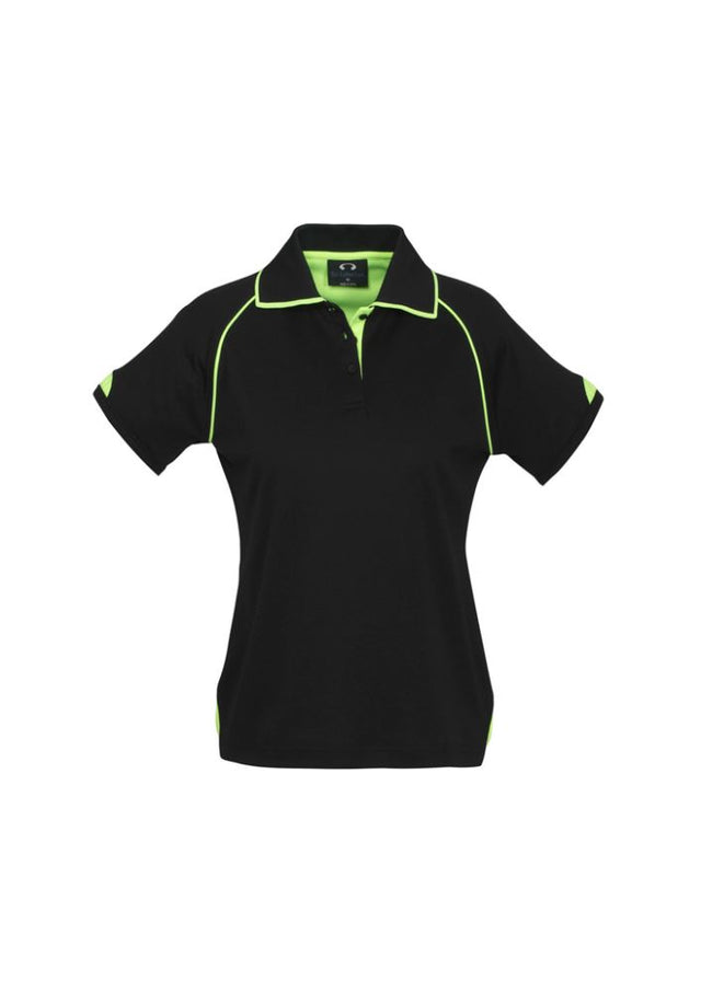 Ladies Fusion Polo in Black/Fluoro Lime, Size 16, featuring breathable fabric, quick-dry properties, and stylish ribbed collar.