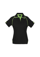 Ladies Fusion Polo in black and fluoro lime, size 12, featuring quick-dry fabric, ribbed collar, and stylish side splits.