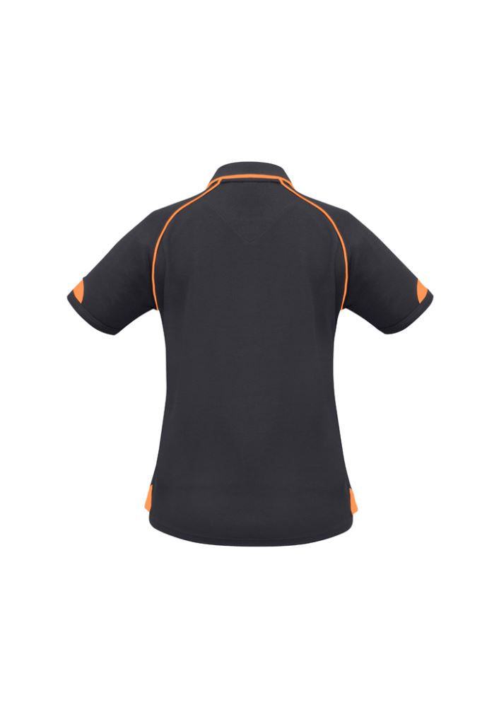 Ladies Fusion Polo in grey and fluoro orange, size 22; stylish, quick-dry fabric with UPF protection and ribbed collar.
