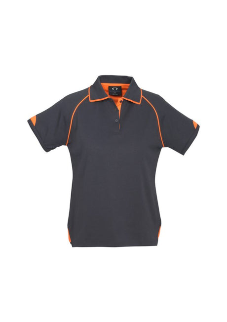 Ladies Fusion Polo in grey and fluro orange, featuring quick-dry fabric, ribbed collar, and UPF protection, perfect for active wear.