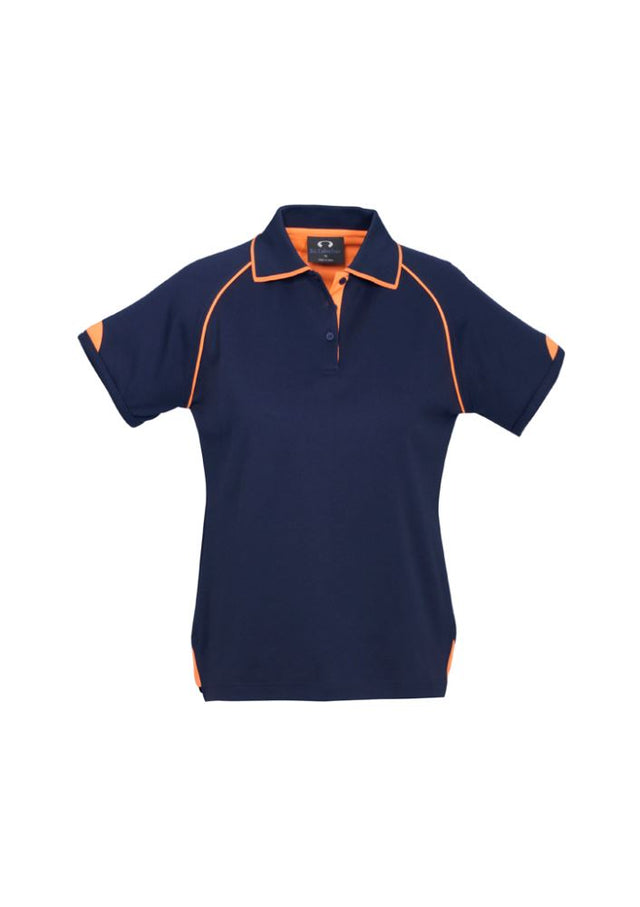 Ladies Fusion Polo in navy and fluoro orange, size 10, featuring breathable fabric, quick-dry technology, and stylish trims.