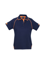 Ladies Fusion Polo in navy and fluoro orange, size 22, features BIZ COOL tech, UPF protection, and stylish ribbed collar.