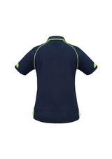 Ladies Fusion Polo in Navy and Fluoro Lime, Size 18, featuring quick-dry fabric and stylish ribbed collar with side splits.