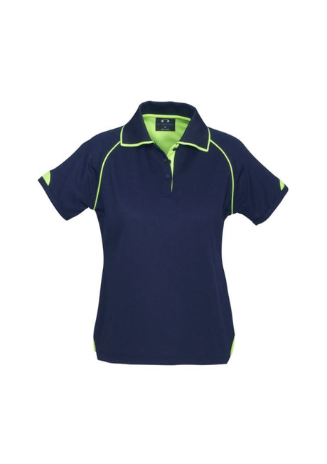 Ladies Fusion Polo in Navy and Fluoro Lime, Size 8; breathable, quick-dry fabric with stylish ribbed collar and side splits.