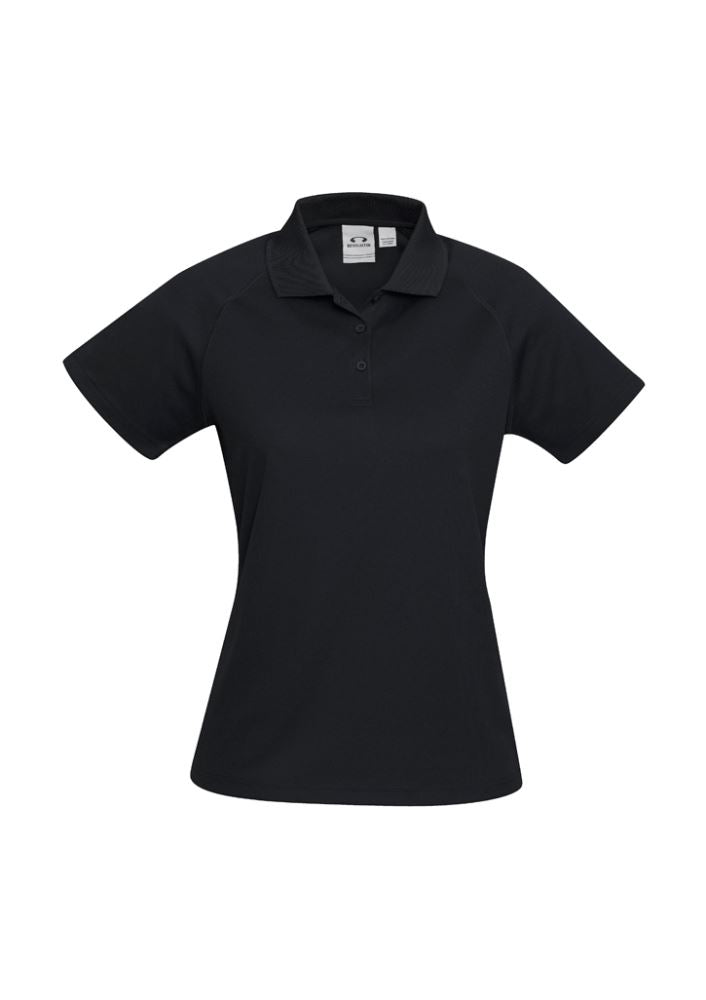 Ladies Sprint Polo in black, size 6, featuring breathable fabric, UPF protection, and a stylish knitted collar.