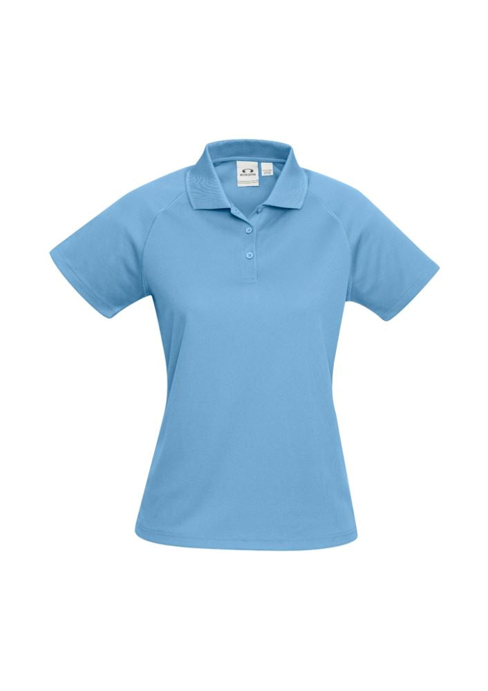 Ladies Sprint Polo in vibrant Spring Blue, size 10, featuring breathable fabric, stylish collar, and excellent sun protection.