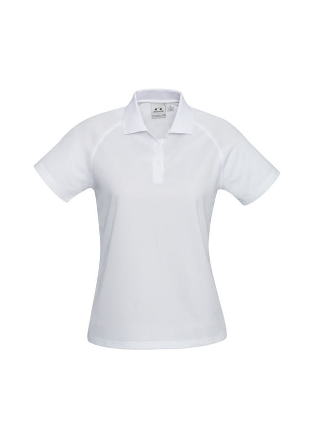 Ladies Sprint Polo in white, size 10, featuring breathable polyester and moisture-wicking for comfort and style.