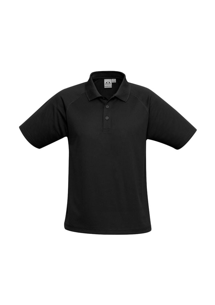 Men's black sprint polo shirt in size S, featuring breathable mesh fabric, UPF protection, and a stylish knitted collar.