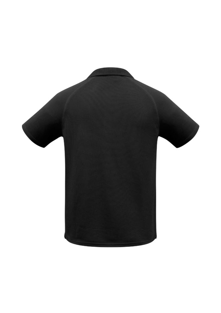 Men's Sprint Polo in black, size S, featuring breathable polyester, UPF protection, and a stylish knitted collar.