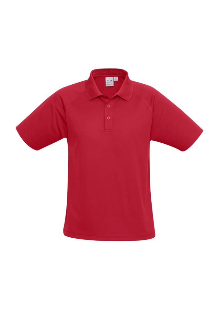 Kids Sprint Polo in vibrant red, size 6, made from breathable polyester with UPF protection and a stylish knitted collar.