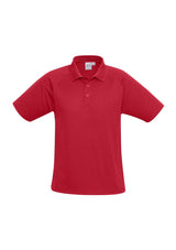 Kids Sprint Polo in vibrant red, size 6, made from breathable polyester with UPF protection and a stylish knitted collar.