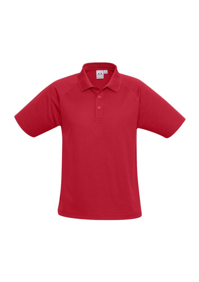 Kids Sprint Polo in vibrant red, size 6, made from breathable polyester with UPF protection and a stylish knitted collar.