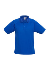 Kids Sprint Polo in Royal, size 8, features breathable polyester, UPF protection, and a stylish knitted collar for active play.