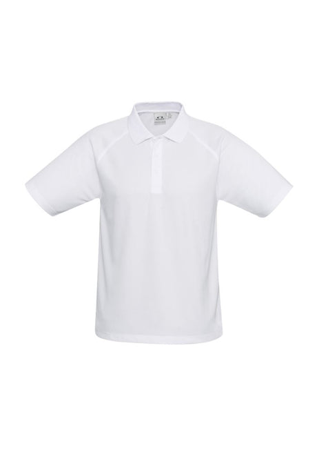Kids Sprint Polo in White, Size 14, features breathable polyester, stylish collar, and sun protection for outdoor activities.