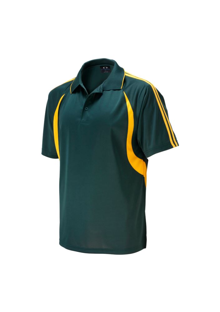 Kids Flash Polo in Forest/Gold, Size 4; features breathable polyester, stylish knit collar, and modern design details.