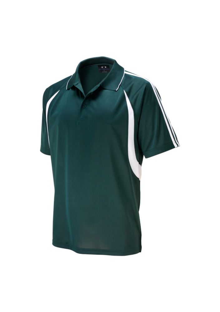 Kids Flash Polo in Forest/White, Size 16, featuring breathable polyester, knit collar, contrast stripes, and side splits for mobility.
