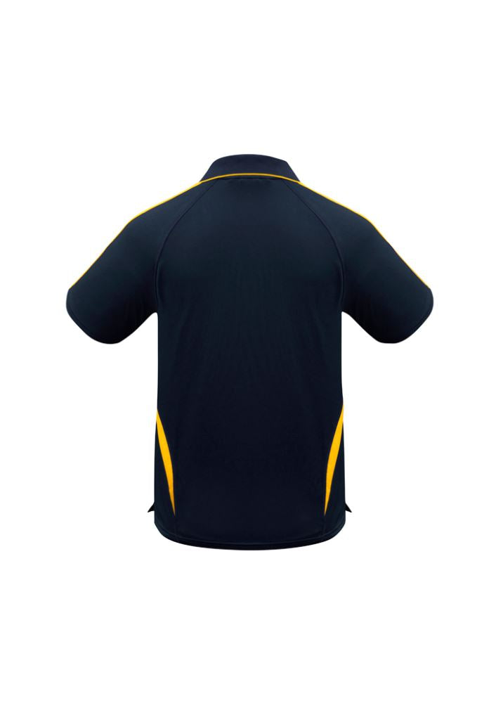 Kids Flash Polo in Navy and Gold, Size 16, featuring breathable polyester, trendy collar, and stylish stripe details.