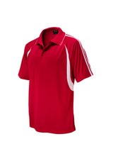 Men's Flash Polo in Red/White, size XL, featuring breathable polyester, knit collar, side splits, and loose pocket for style and comfort.