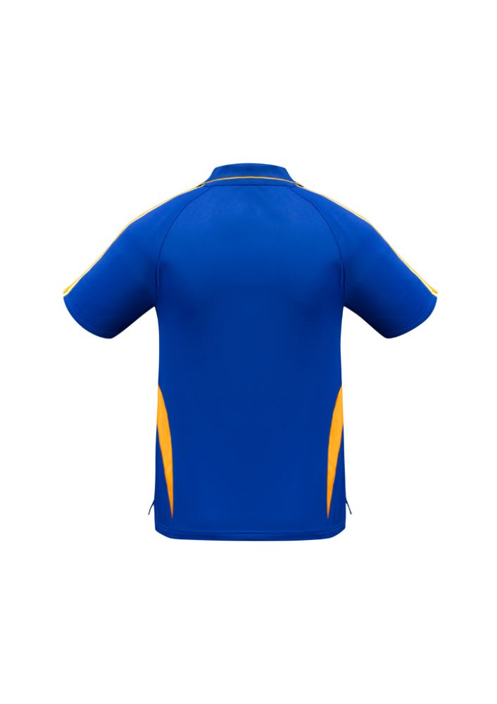 Kids Flash Polo in Royal/Gold, size 10, features breathable polyester, snag-resistant fabric, and stylish contrast details.