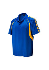 Kids Flash Polo in Royal/Gold, size 10, featuring breathable polyester, classic collar, and modern design for active wear.