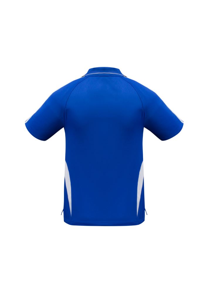 Men's Flash Polo in Royal/White, 5XL, featuring breathable polyester, knit collar, side splits, and contrast stripes for style.