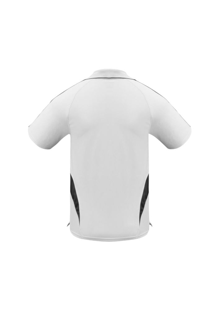 Kids Flash Polo in White/Black, Size 16, features breathable polyester, stylish contrast details, and side splits for mobility.