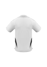 Kids Flash Polo in White/Black, Size 16, features breathable polyester, stylish contrast details, and side splits for mobility.
